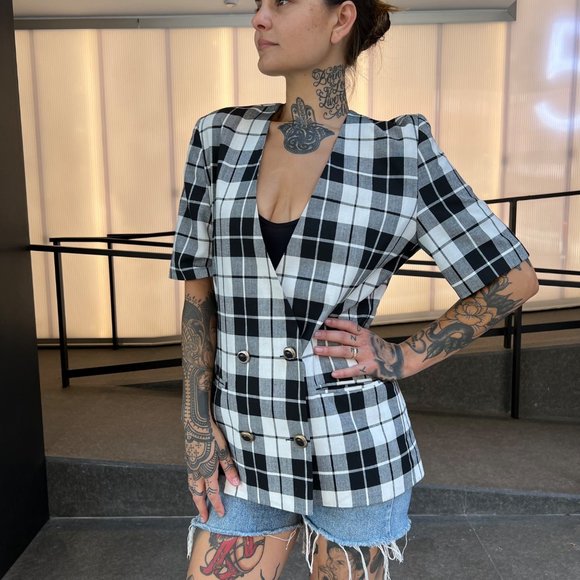 VINTAGE/Women's Long Boxy Short Sleeve Fitted Blazer Plaid Pattern sz 12 - Picture 5 of 16